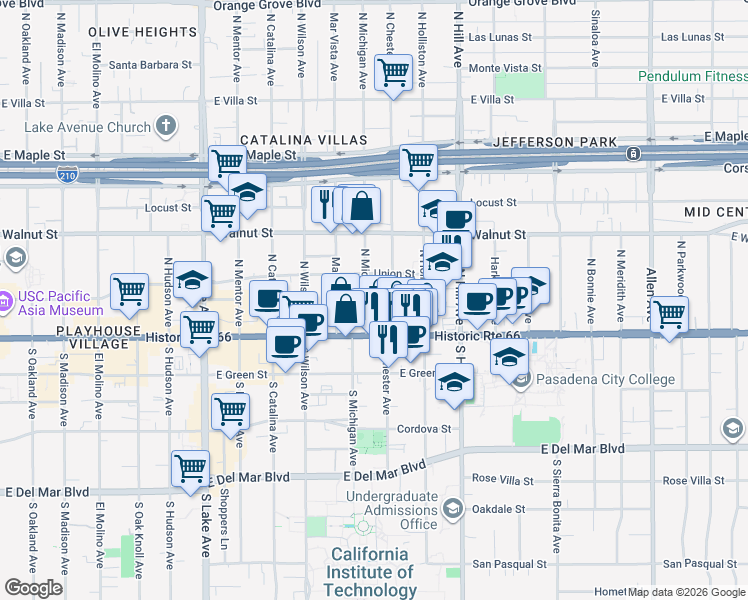 map of restaurants, bars, coffee shops, grocery stores, and more near 80 North Michigan Avenue in Pasadena