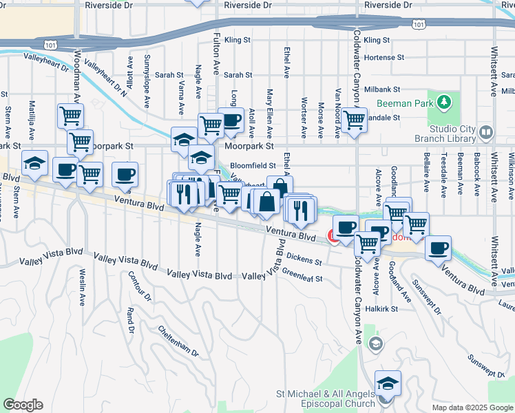 map of restaurants, bars, coffee shops, grocery stores, and more near 4235 Mary Ellen Avenue in Los Angeles