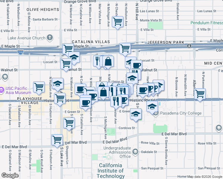 map of restaurants, bars, coffee shops, grocery stores, and more near 80 North Michigan Avenue in Pasadena