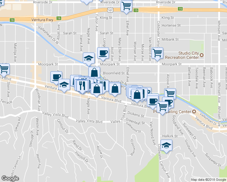map of restaurants, bars, coffee shops, grocery stores, and more near 4235 Mary Ellen Avenue in Los Angeles