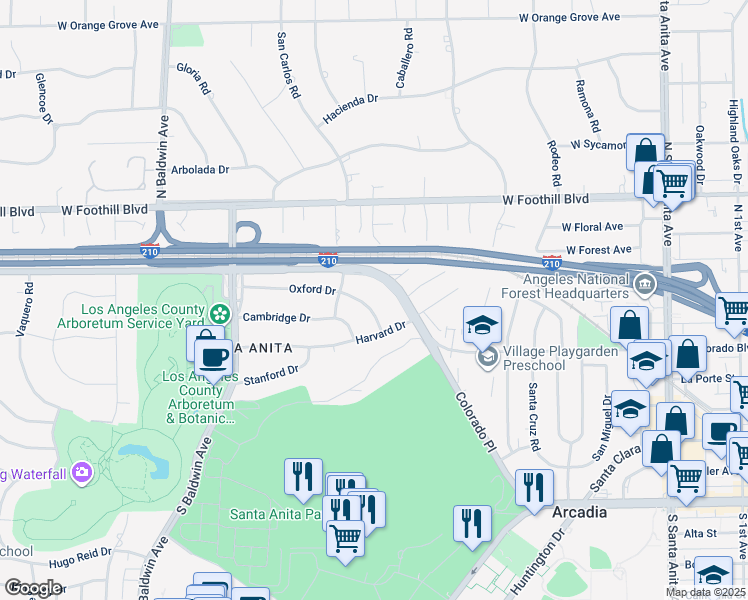 map of restaurants, bars, coffee shops, grocery stores, and more near 327 Oxford Drive in Arcadia