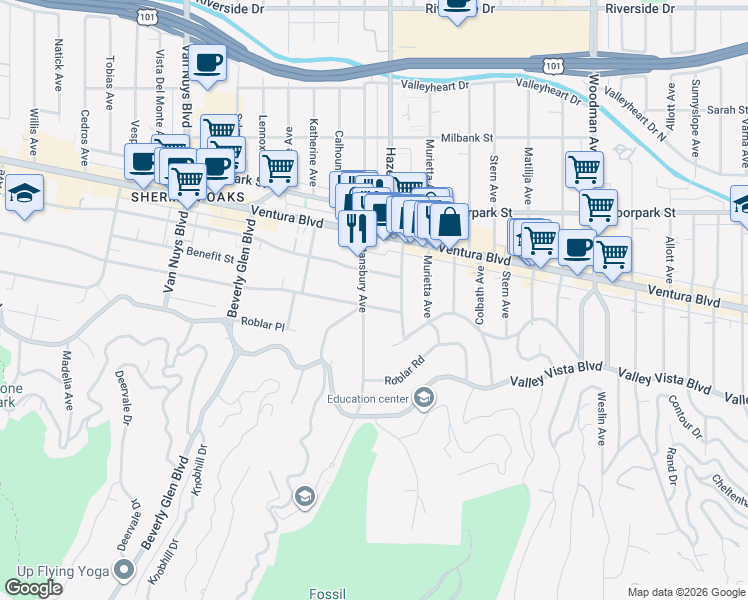 map of restaurants, bars, coffee shops, grocery stores, and more near 14115 Greenleaf Street in Los Angeles