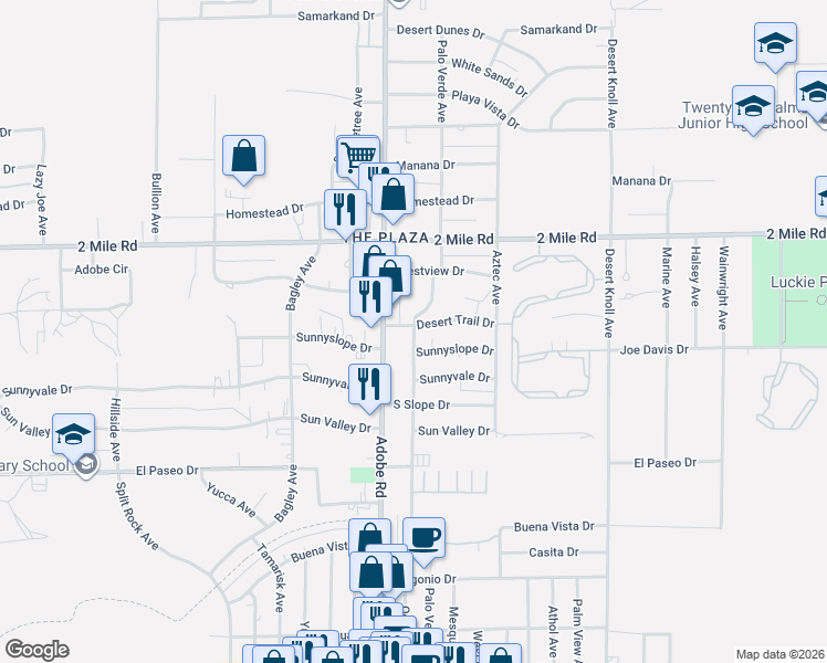 map of restaurants, bars, coffee shops, grocery stores, and more near 5866 Ocotillo Avenue in Twentynine Palms