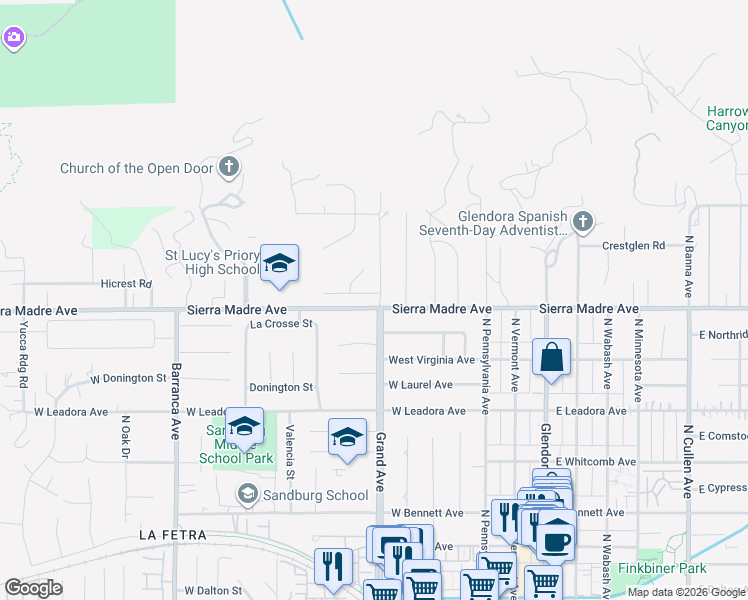 map of restaurants, bars, coffee shops, grocery stores, and more near 508 Fernpark Drive in Glendora