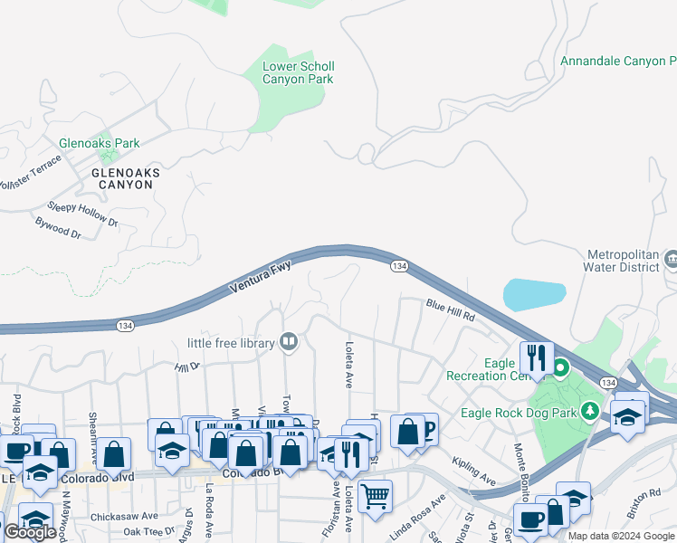 map of restaurants, bars, coffee shops, grocery stores, and more near Maemurray Drive in Los Angeles