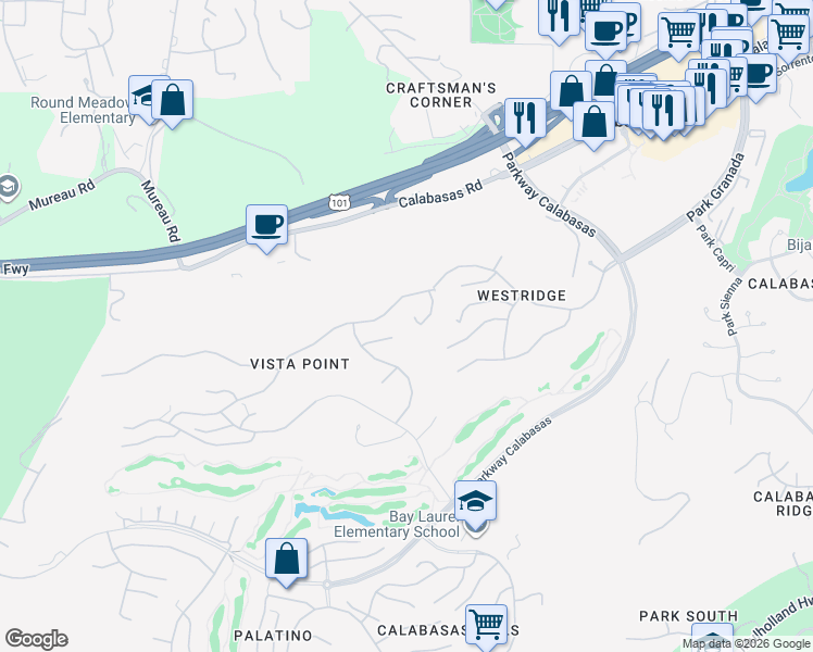 map of restaurants, bars, coffee shops, grocery stores, and more near 24366 La Masina Court in Calabasas