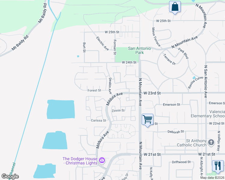 map of restaurants, bars, coffee shops, grocery stores, and more near 1343 Mallorca Street in Upland