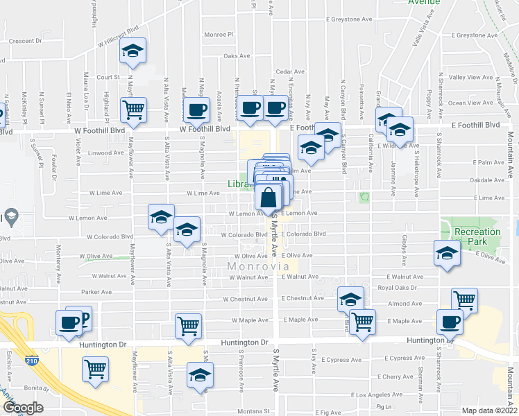 map of restaurants, bars, coffee shops, grocery stores, and more near 111 West Lemon Avenue in Monrovia