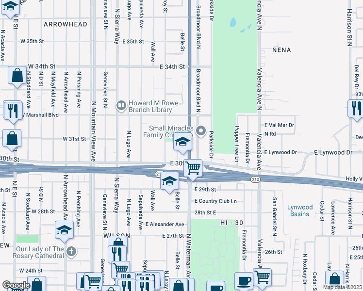 map of restaurants, bars, coffee shops, grocery stores, and more near 3071 Belle Street in San Bernardino