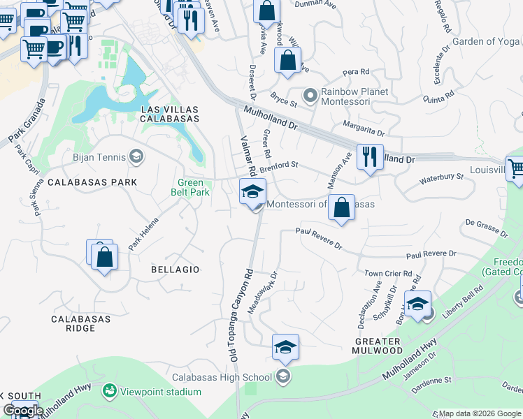 map of restaurants, bars, coffee shops, grocery stores, and more near 2735 Valmar Road in Calabasas