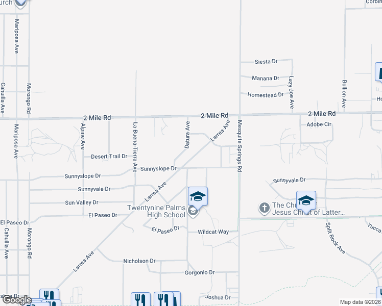 map of restaurants, bars, coffee shops, grocery stores, and more near 72730 Larrea Avenue in Twentynine Palms