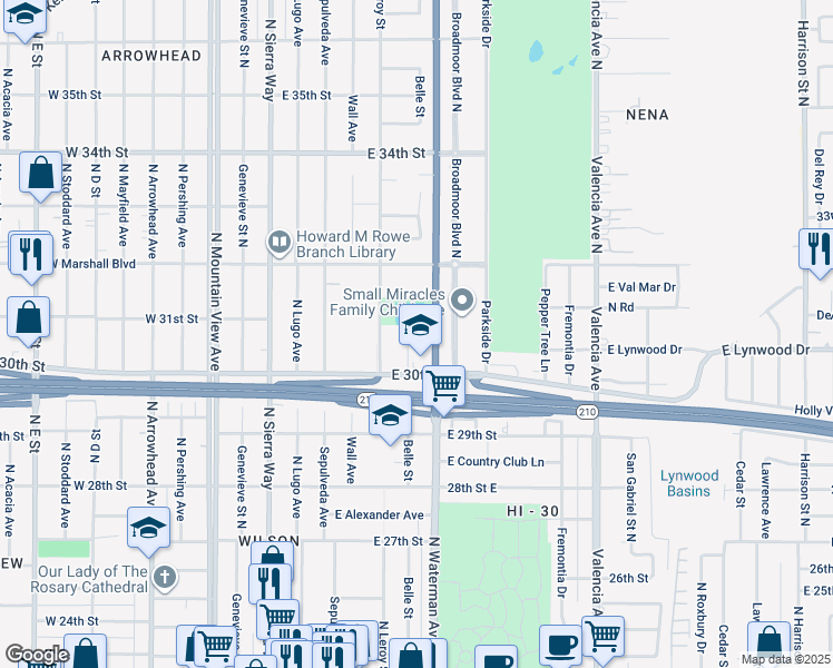 map of restaurants, bars, coffee shops, grocery stores, and more near 3071 Belle Street in San Bernardino