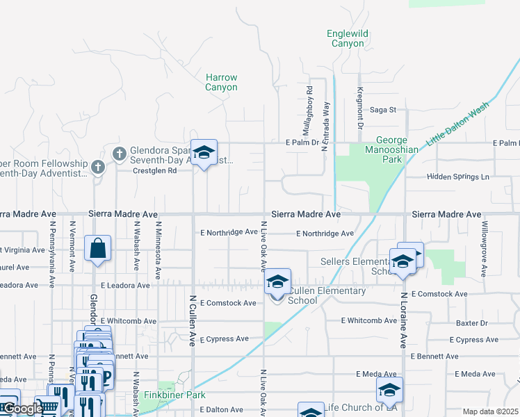 map of restaurants, bars, coffee shops, grocery stores, and more near 715 North Live Oak Avenue in Glendora