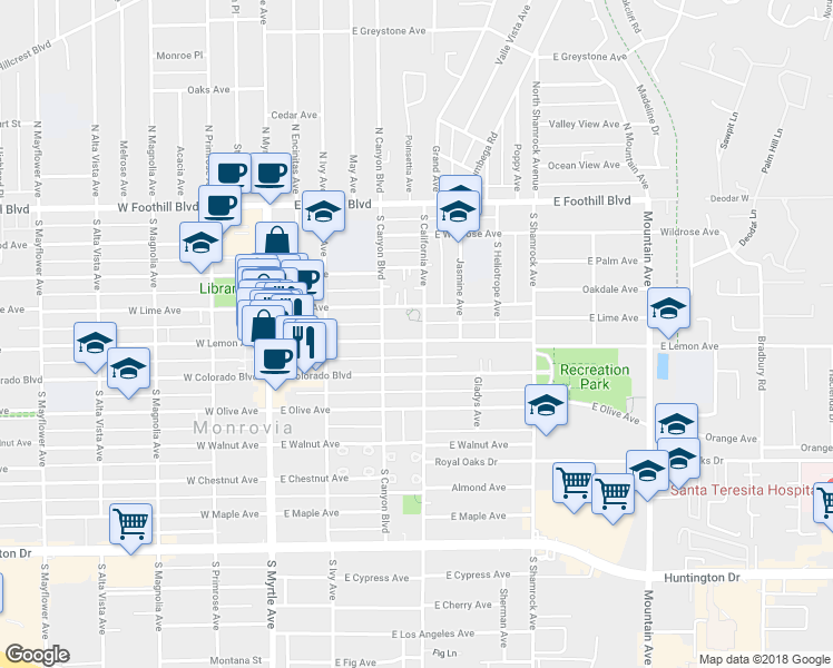 map of restaurants, bars, coffee shops, grocery stores, and more near 329 East Lemon Avenue in Monrovia
