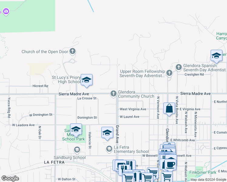 map of restaurants, bars, coffee shops, grocery stores, and more near 514 Fernpark Drive in Glendora