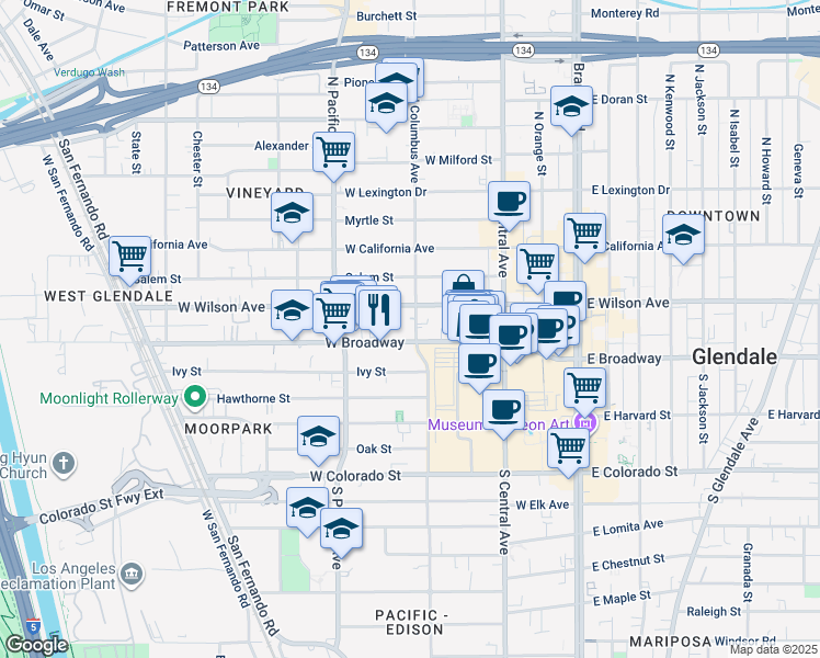 map of restaurants, bars, coffee shops, grocery stores, and more near 107 North Columbus Avenue in Glendale