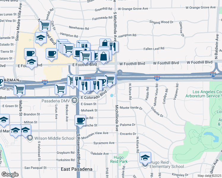 map of restaurants, bars, coffee shops, grocery stores, and more near 3880 East Colorado Boulevard in Pasadena
