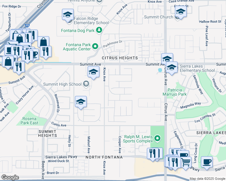 map of restaurants, bars, coffee shops, grocery stores, and more near 15751 Snowy Peak Lane in Fontana
