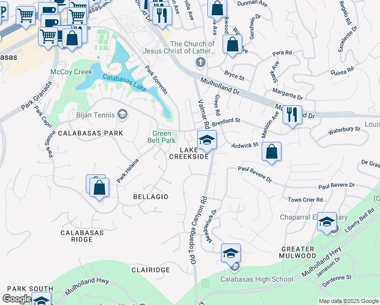 map of restaurants, bars, coffee shops, grocery stores, and more near 4383 Park Paloma in Calabasas