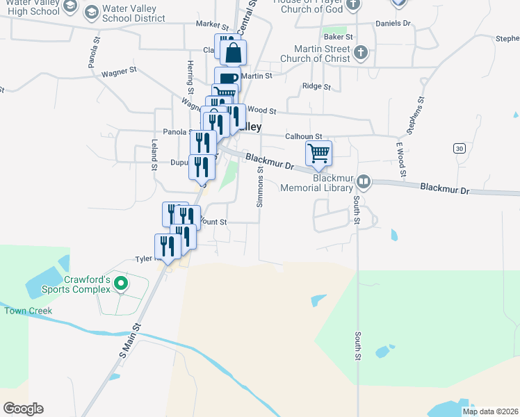 map of restaurants, bars, coffee shops, grocery stores, and more near 112 Simmons Street in Water Valley