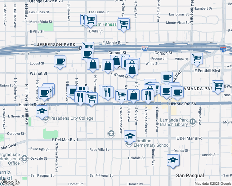 map of restaurants, bars, coffee shops, grocery stores, and more near 65 North San Marino Avenue in Pasadena