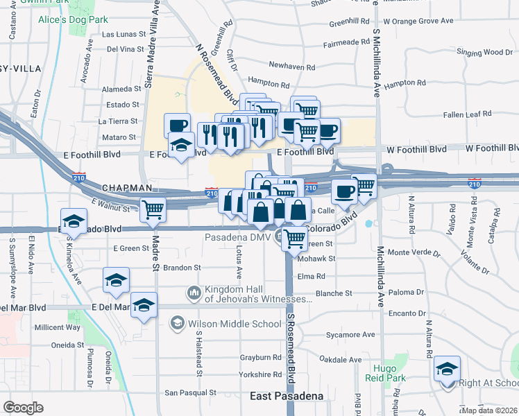 map of restaurants, bars, coffee shops, grocery stores, and more near 3635 Walnut Street in Pasadena