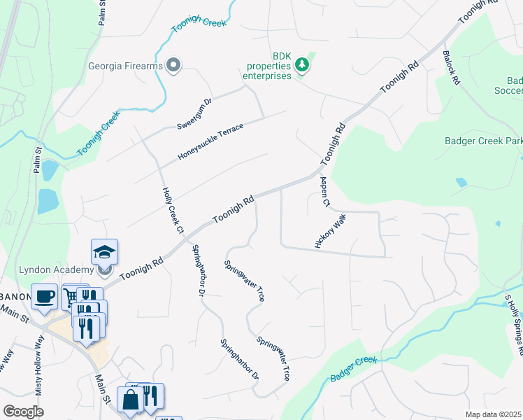 map of restaurants, bars, coffee shops, grocery stores, and more near 103 Springwater Trce in Woodstock