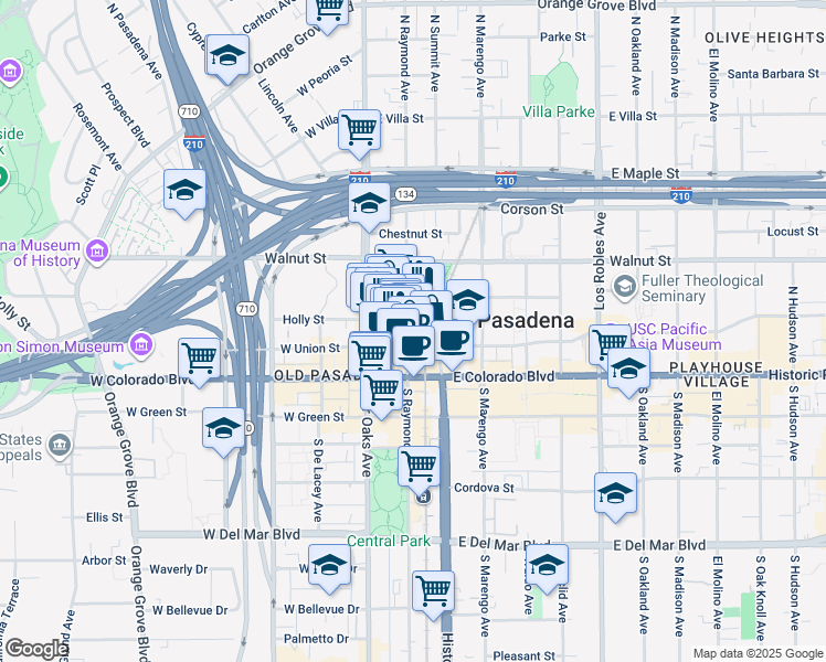 map of restaurants, bars, coffee shops, grocery stores, and more near 80 North Raymond Avenue in Pasadena