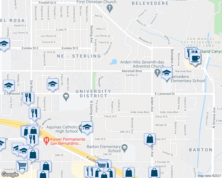 map of restaurants, bars, coffee shops, grocery stores, and more near 2122 Hawthorne Court in San Bernardino