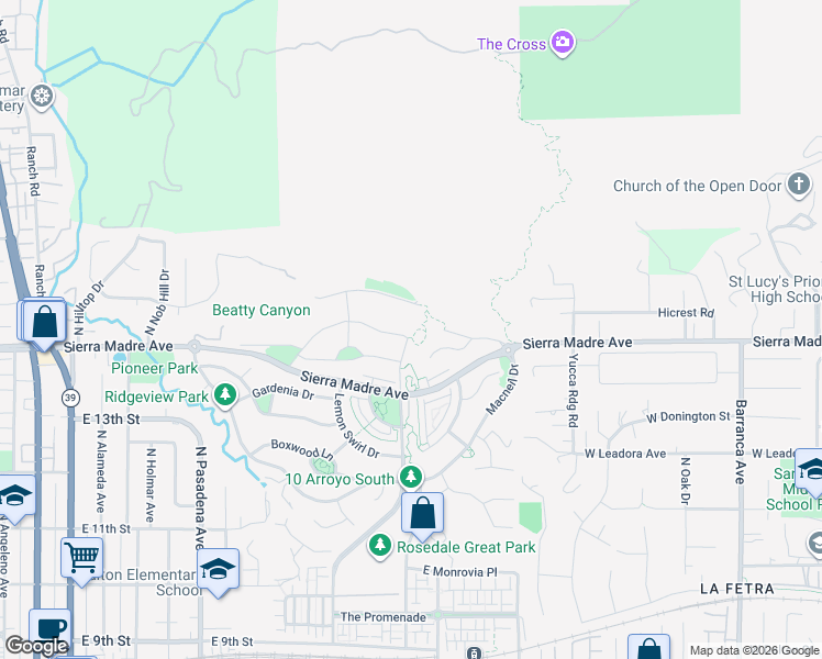 map of restaurants, bars, coffee shops, grocery stores, and more near 779 Orange Blossom Way in Azusa