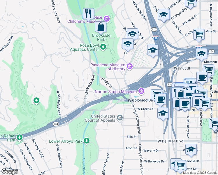 map of restaurants, bars, coffee shops, grocery stores, and more near 70 North Arroyo Boulevard in Pasadena