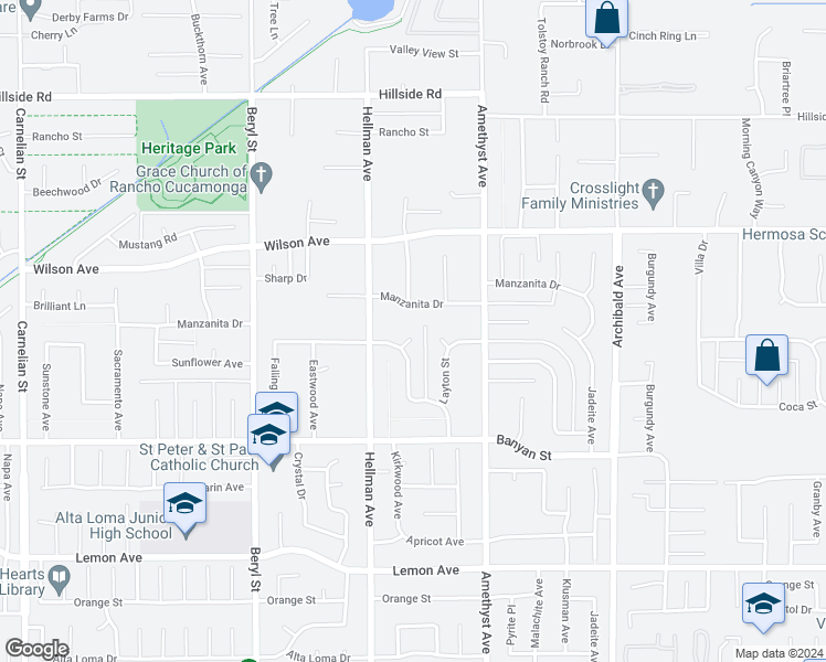 map of restaurants, bars, coffee shops, grocery stores, and more near 5931 Kirkwood Avenue in Rancho Cucamonga