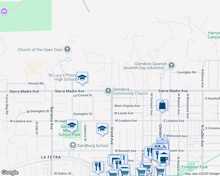 map of restaurants, bars, coffee shops, grocery stores, and more near 508 Fernpark Drive in Glendora