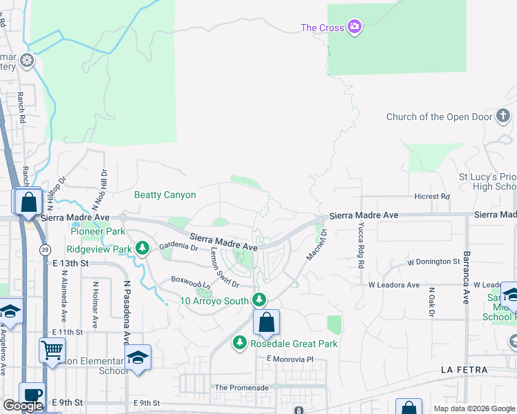 map of restaurants, bars, coffee shops, grocery stores, and more near 779 Orange Blossom Way in Azusa