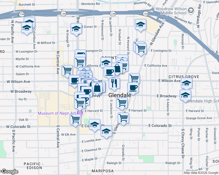 map of restaurants, bars, coffee shops, grocery stores, and more near 134 North Kenwood Street in Glendale