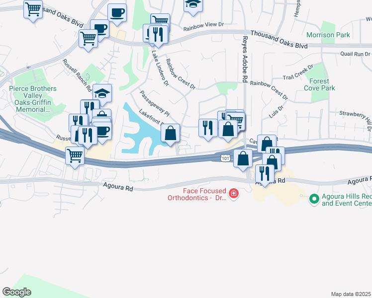 map of restaurants, bars, coffee shops, grocery stores, and more near 30553 Canwood Street in Agoura Hills