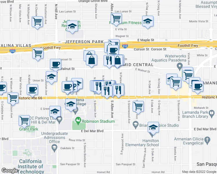 map of restaurants, bars, coffee shops, grocery stores, and more near 86 Allen Avenue in Pasadena