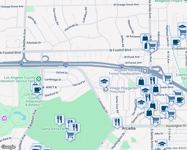 map of restaurants, bars, coffee shops, grocery stores, and more near 261 Oakhurst Lane in Arcadia