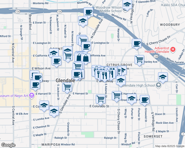 map of restaurants, bars, coffee shops, grocery stores, and more near 126 North Cedar Street in Glendale