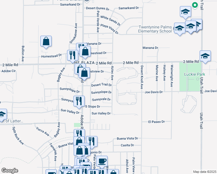 map of restaurants, bars, coffee shops, grocery stores, and more near 73871 Desert Trail Drive in Twentynine Palms