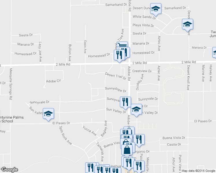 map of restaurants, bars, coffee shops, grocery stores, and more near 5839 Bagley Avenue in Twentynine Palms