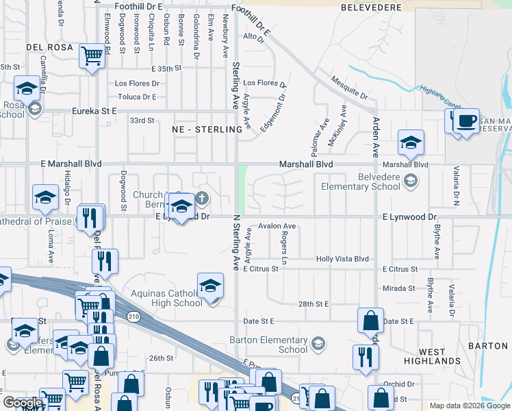 map of restaurants, bars, coffee shops, grocery stores, and more near 2030 Ashwood Court in San Bernardino