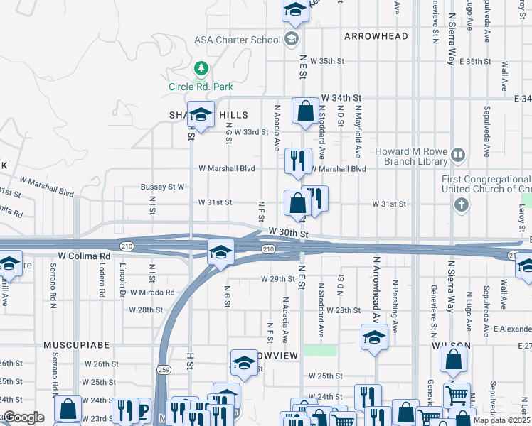 map of restaurants, bars, coffee shops, grocery stores, and more near 3088 North F Street in San Bernardino