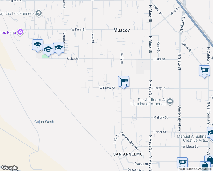 map of restaurants, bars, coffee shops, grocery stores, and more near 2240 Darby Street in Muscoy