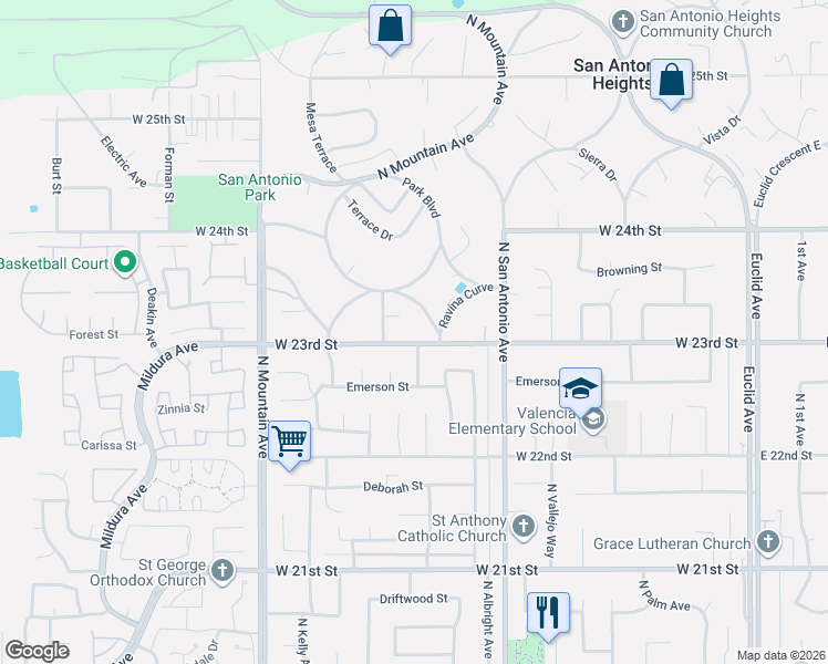 map of restaurants, bars, coffee shops, grocery stores, and more near 2309 Rosedale Curve in Upland