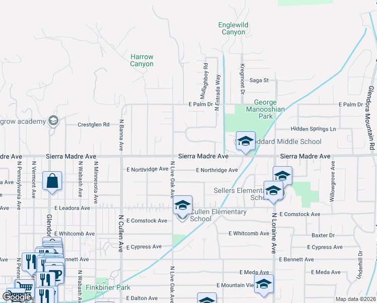 map of restaurants, bars, coffee shops, grocery stores, and more near 746 Huerta Verde Road in Glendora