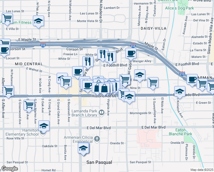 map of restaurants, bars, coffee shops, grocery stores, and more near in Pasadena