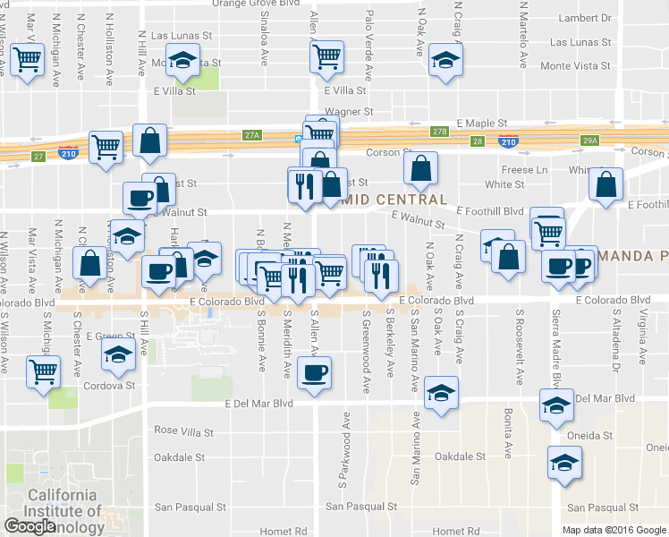 map of restaurants, bars, coffee shops, grocery stores, and more near 74 North Parkwood Avenue in Pasadena