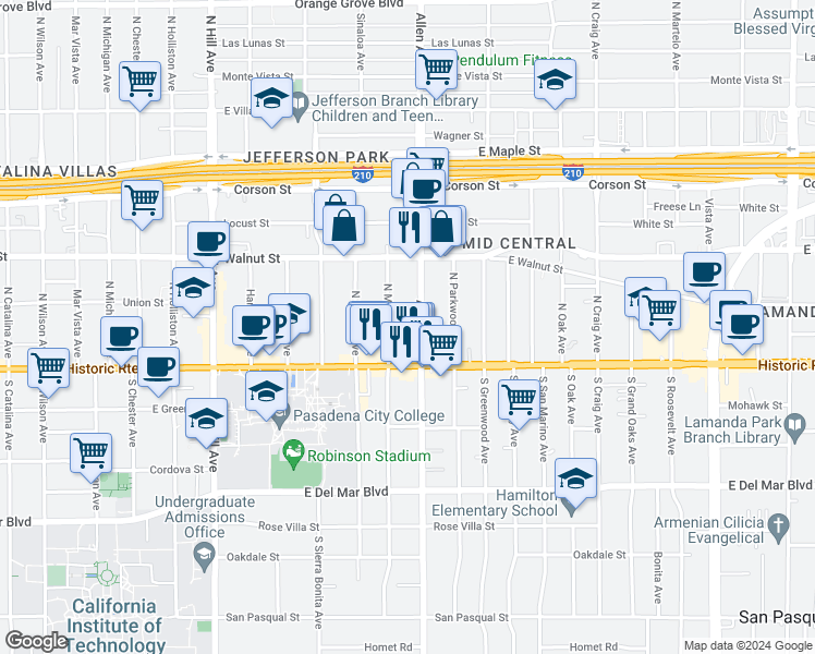 map of restaurants, bars, coffee shops, grocery stores, and more near 86 Allen Avenue in Pasadena
