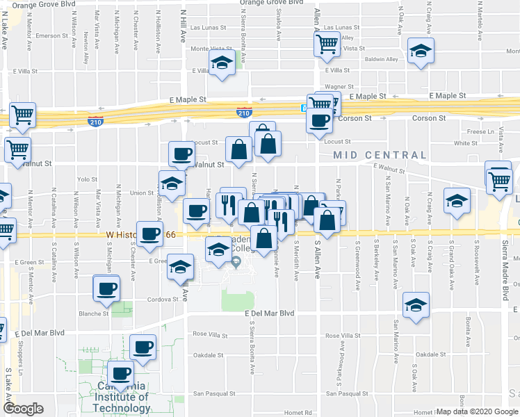 map of restaurants, bars, coffee shops, grocery stores, and more near 77 North Bonnie Avenue in Pasadena